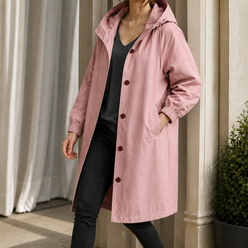 Hooded Overcoat Polyester Sweeping Longline with Angled Pockets