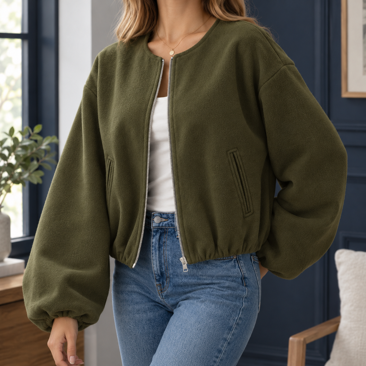 Jacket Polyester Cropped Zip Front with Balloon Sleeves and Round Neck