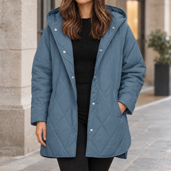 Hooded Quilted Jacket Polyester Diamond Stitching with Snap Front
