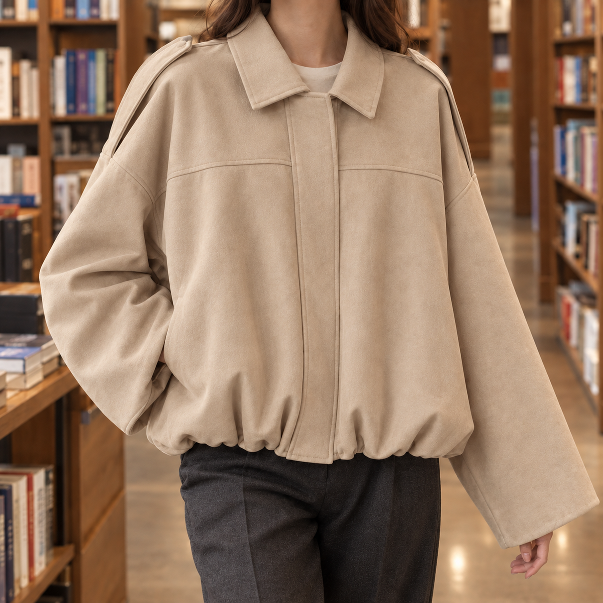 Bomber Jacket Faux Suede Oversized Cropped with Pointed Shirt Collar
