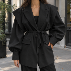 Jacket Polyester Belted with Layered Shoulders and Wide Lapels
