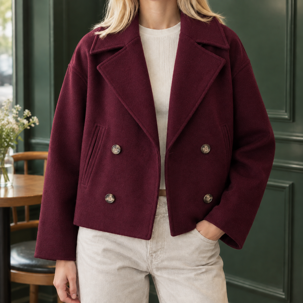 Jacket Wool Blend Double-Breasted Cropped Boxy with Welt Pockets