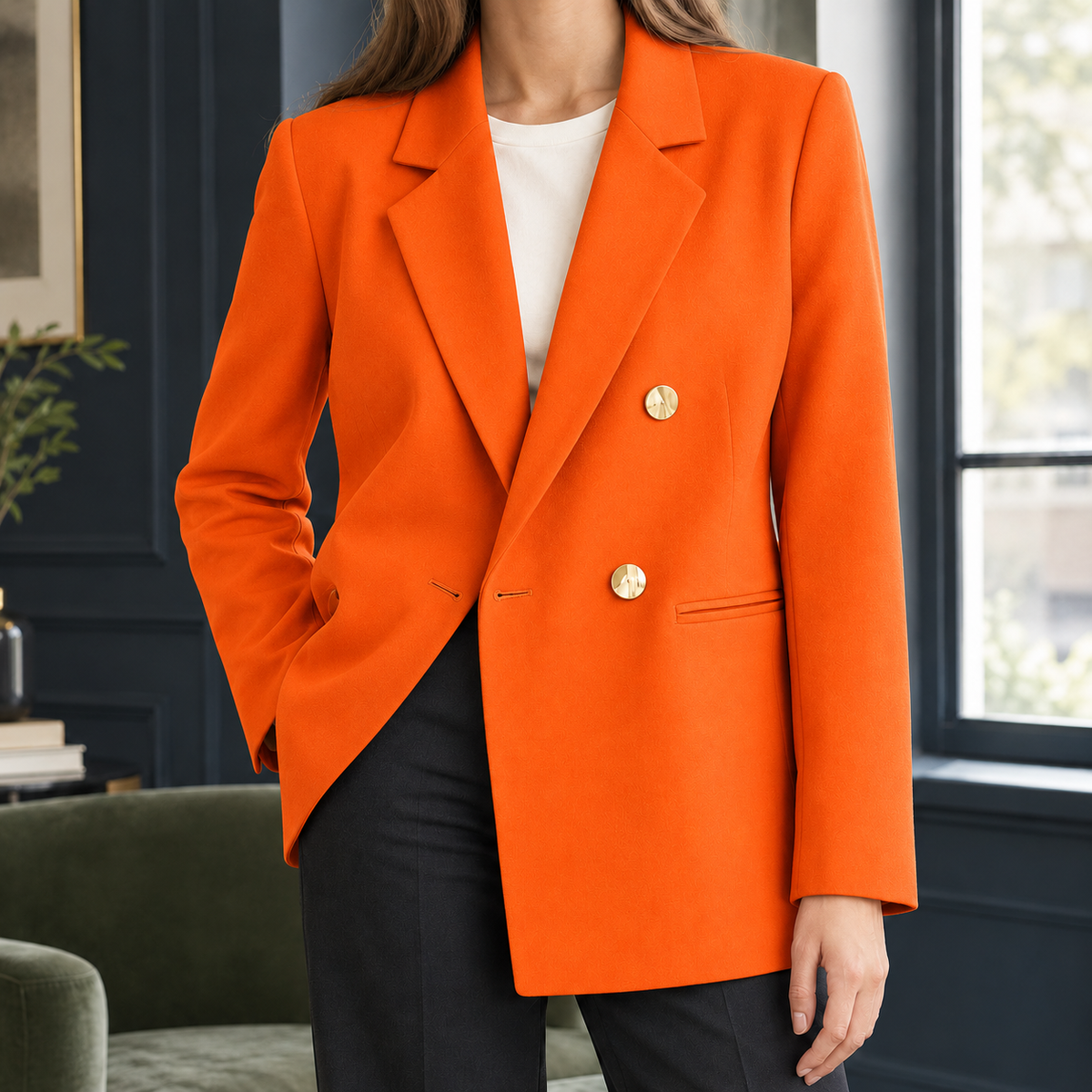 Blazer Polyester Double-Breasted with Notched Lapels and Gold Buttons
