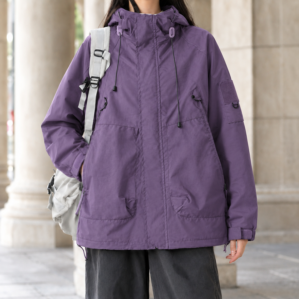 Utility Jacket Cotton Blend Hooded with Concealed Zip and Four Pockets