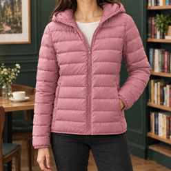 Puffer Jacket Cashmere-Feel with Hood, Down Filling and Full Zip