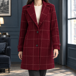 Coat Polyester Windowpane Mid-Length with Notched Lapels