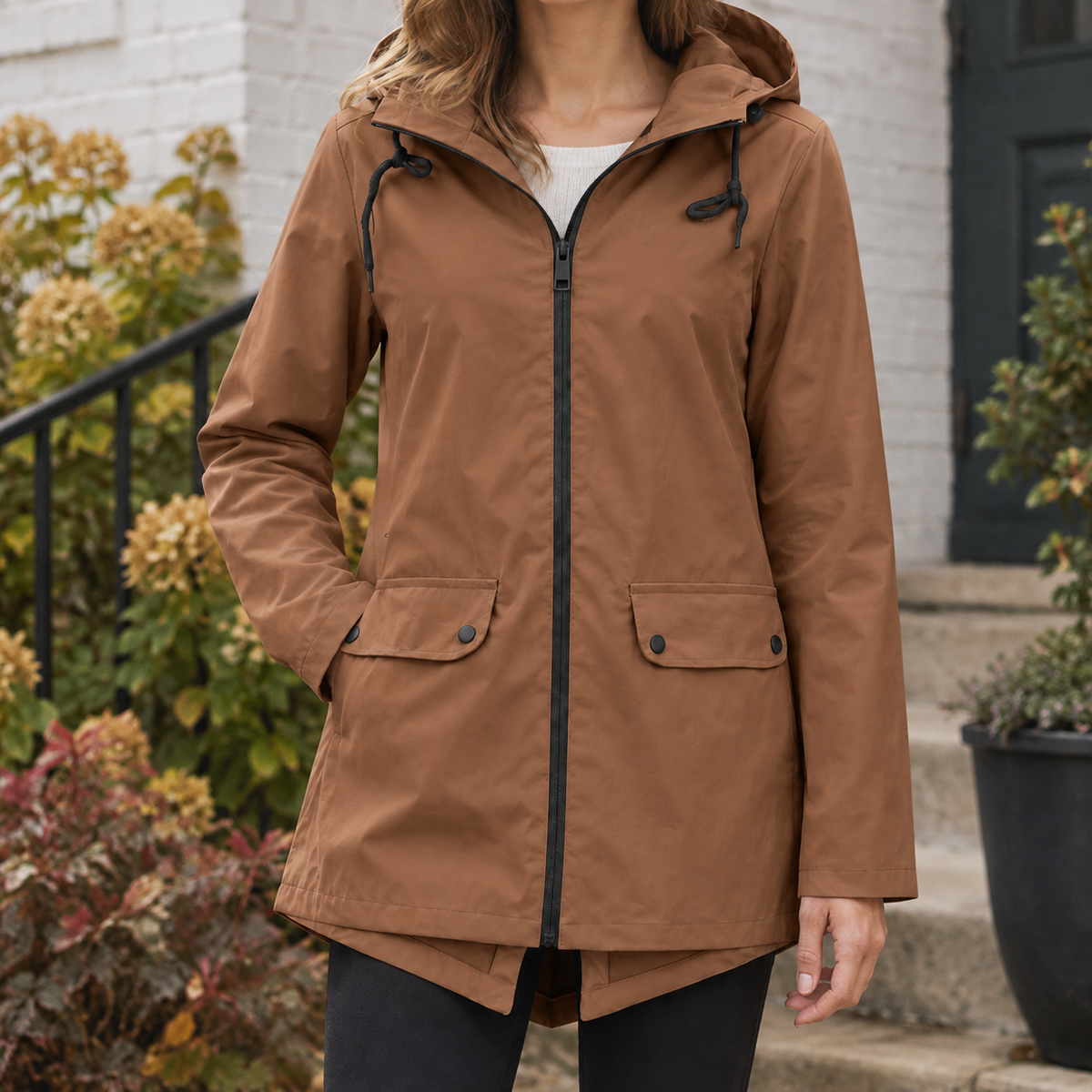 Hooded Jacket Polyester Straight with Full Zip and Fishtail Hem