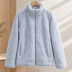 Zip Jacket Polyester Plush Textured with Stand Collar and Hand Pockets