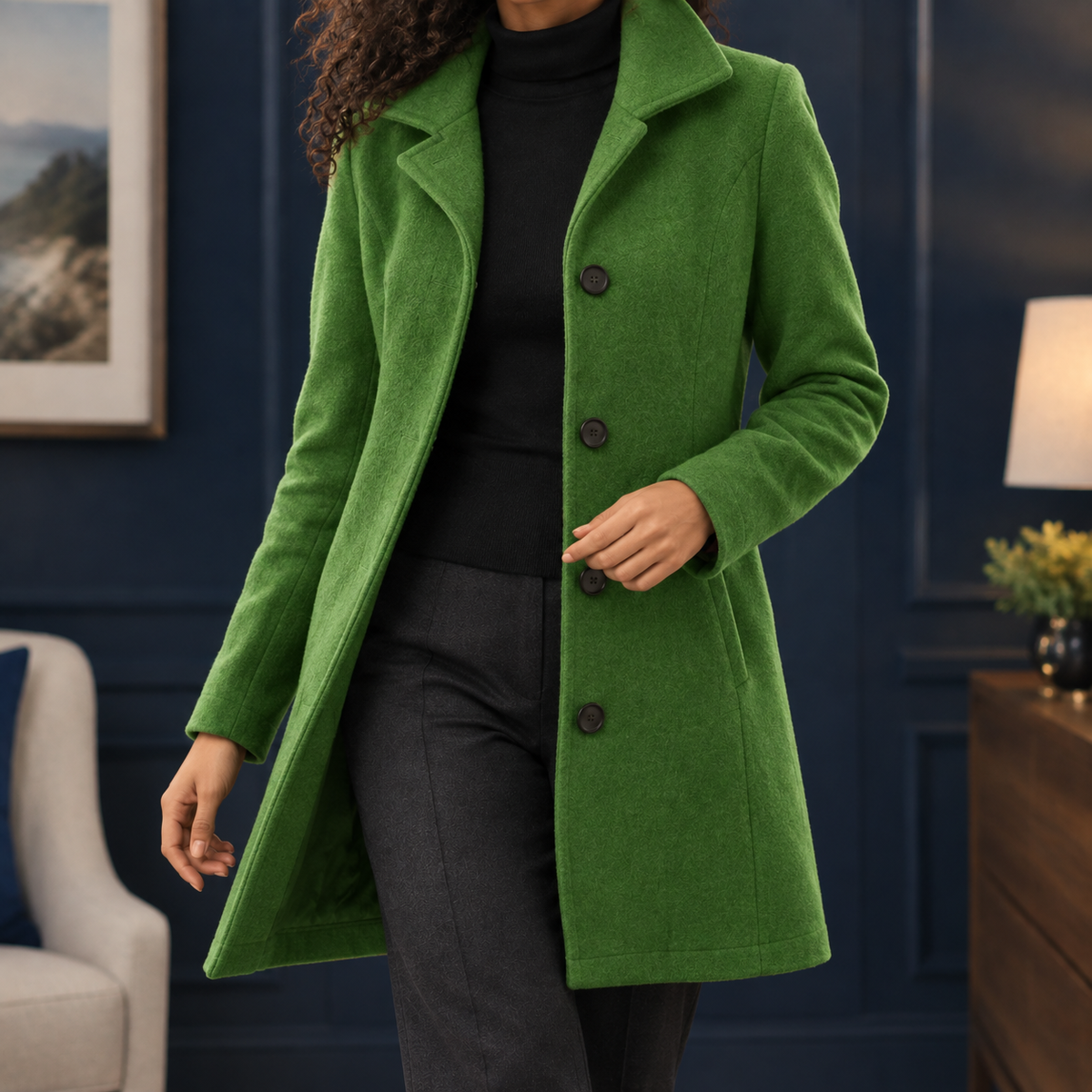 Coat Polyester Mid-Thigh Single-Breasted with Notched Collar