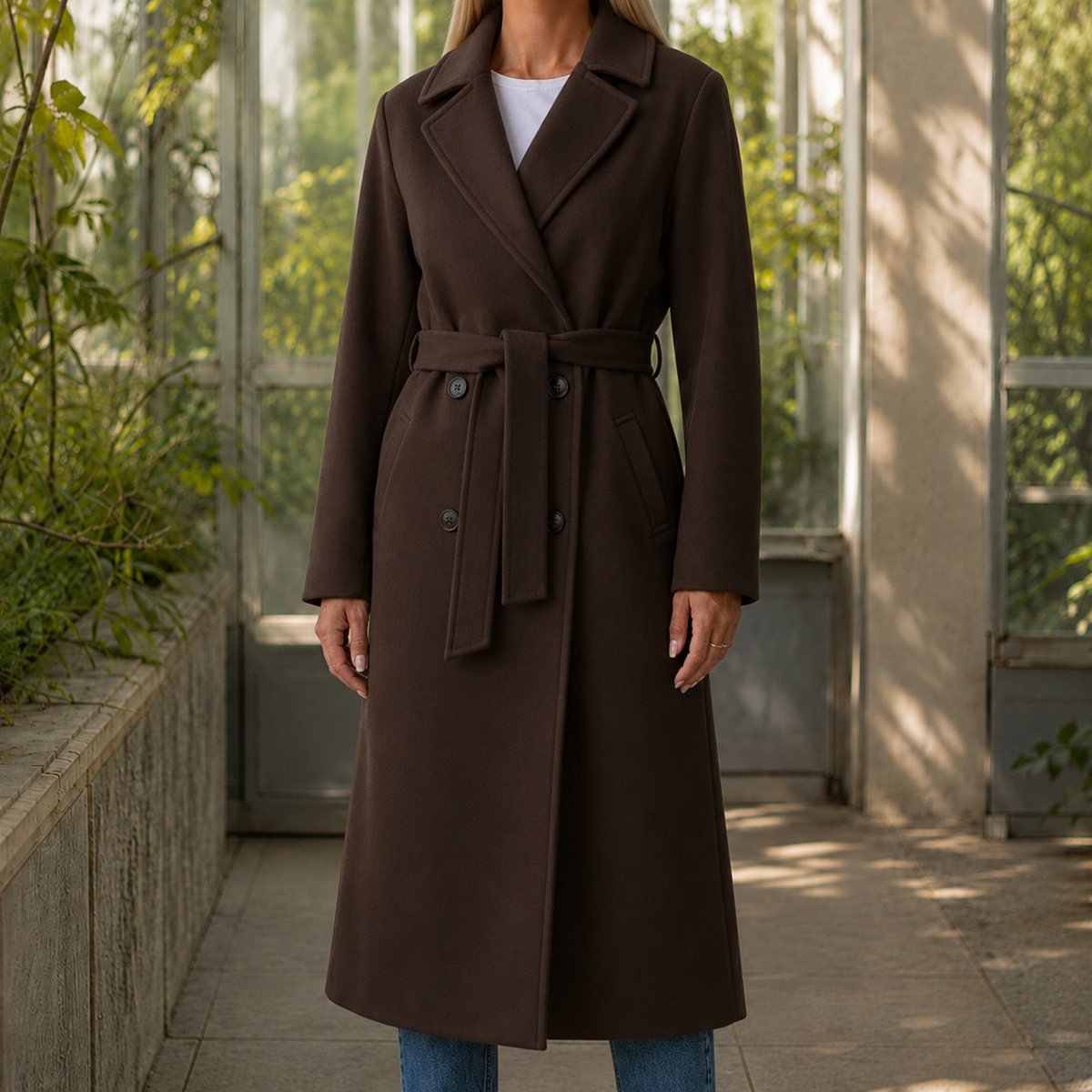 Overcoat Polyester Tailored Double-Breasted with Self-Tie Waist Belt