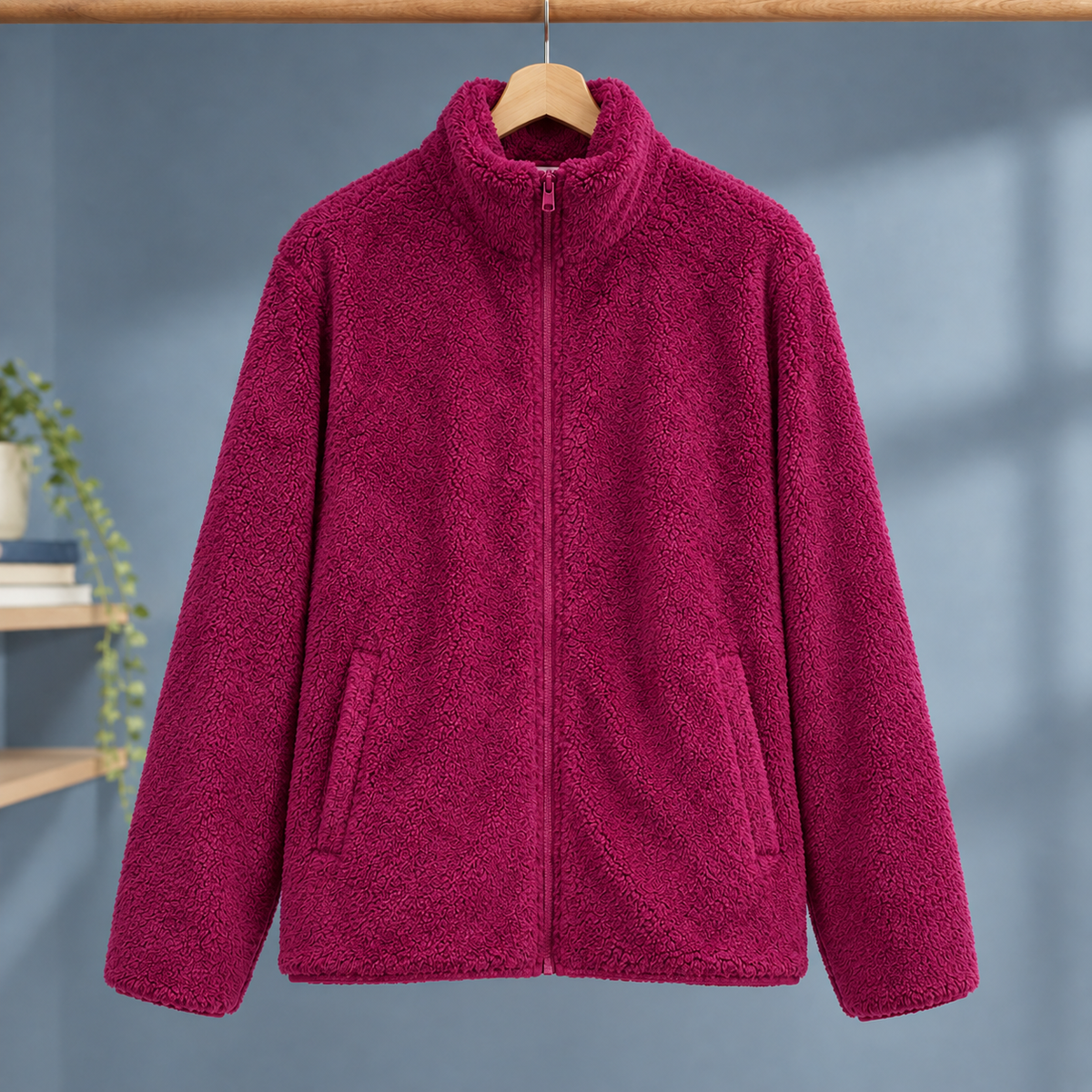 Zip Jacket Polyester Plush Straight Fit with Slanted Hand Pockets