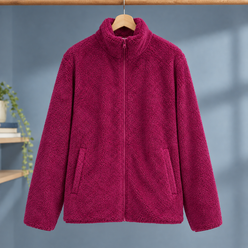 Zip Jacket Polyester Plush Straight Fit with Slanted Hand Pockets