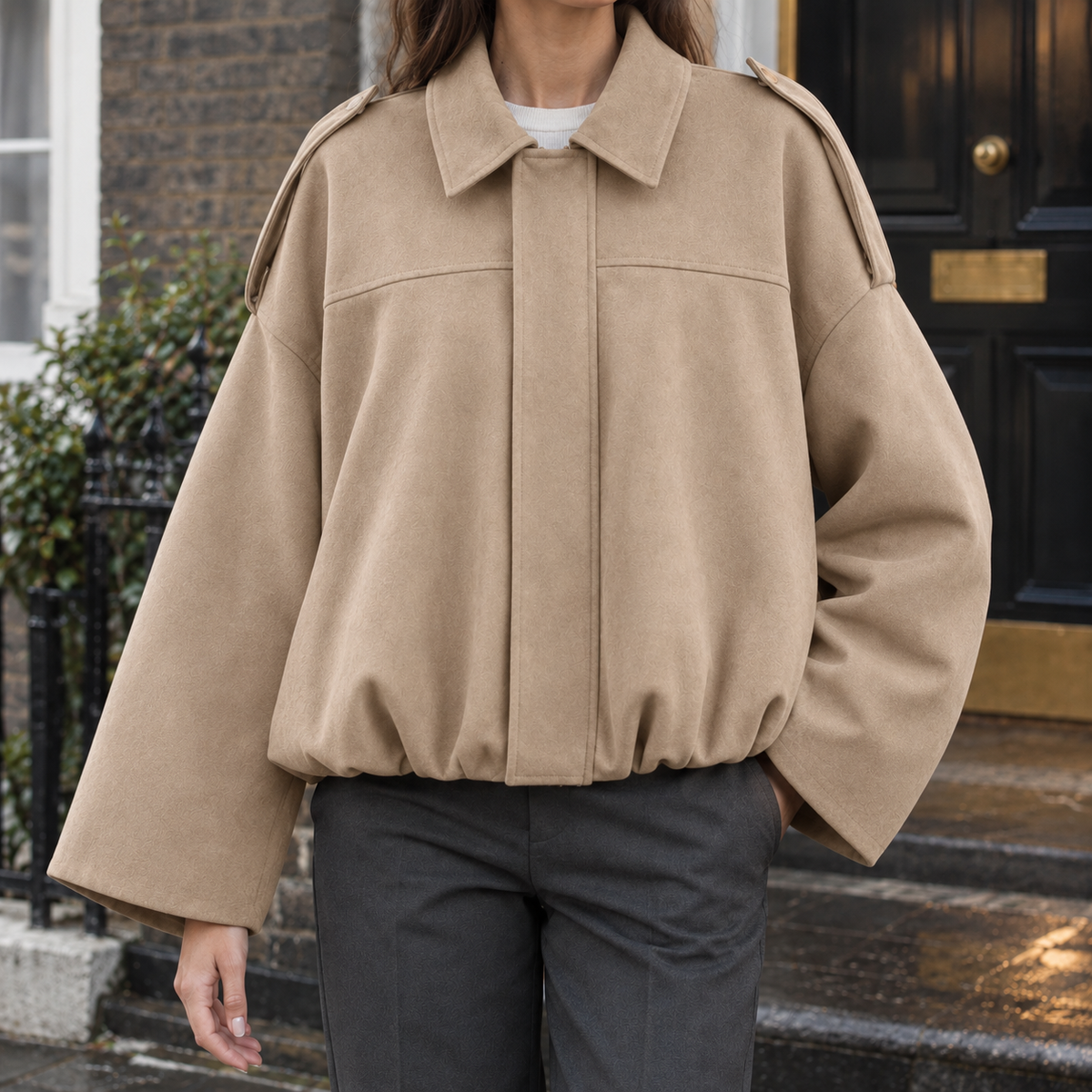 Jacket Faux Suede Relaxed Batwing with Epaulettes and Gathered Hem