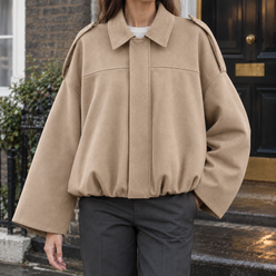 Jacket Faux Suede Relaxed Batwing with Epaulettes and Gathered Hem