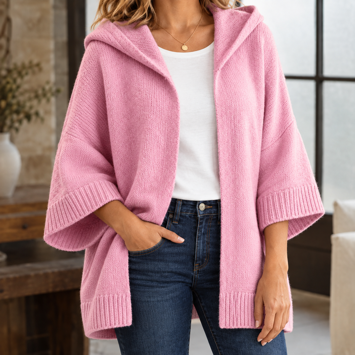 Cotton-Blend Hooded Cardigan with Easy Drape
