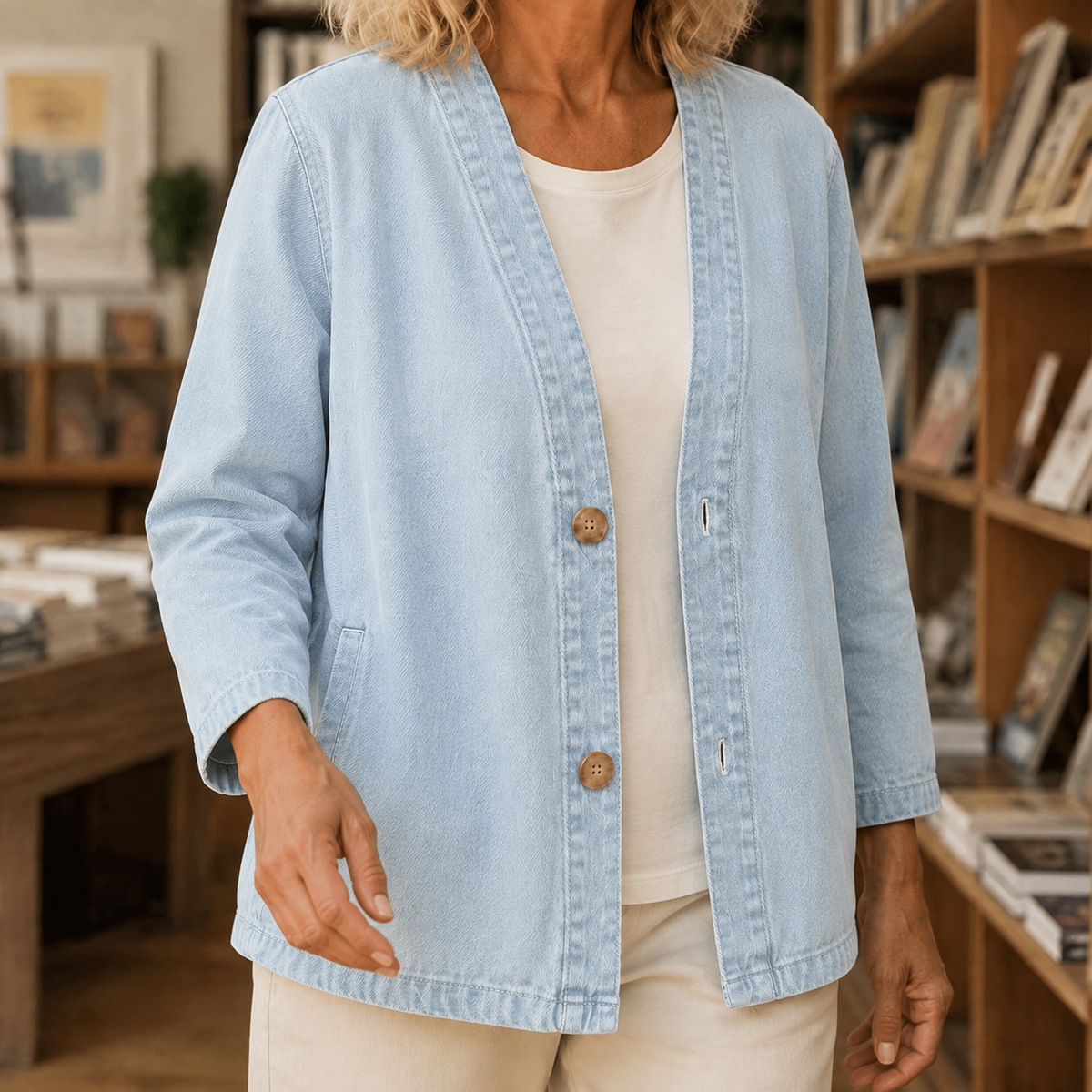 Jacket Washed Cotton Collarless with Two-Button Front