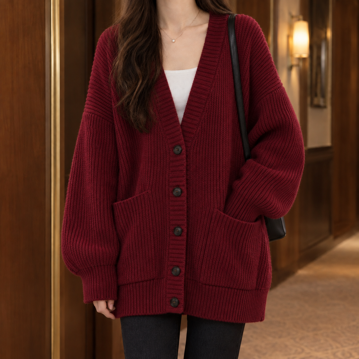 Chunky Ribbed Cardigan with Dropped Shoulders