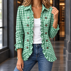 Jacket Polyester Gingham with Ruffle Trim and Open Front