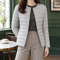 Quilted Jacket Lightweight Down Fill Slim with Collarless Neckline
