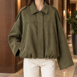 Blouson Jacket Faux Suede with Concealed Zip and Gathered Hem