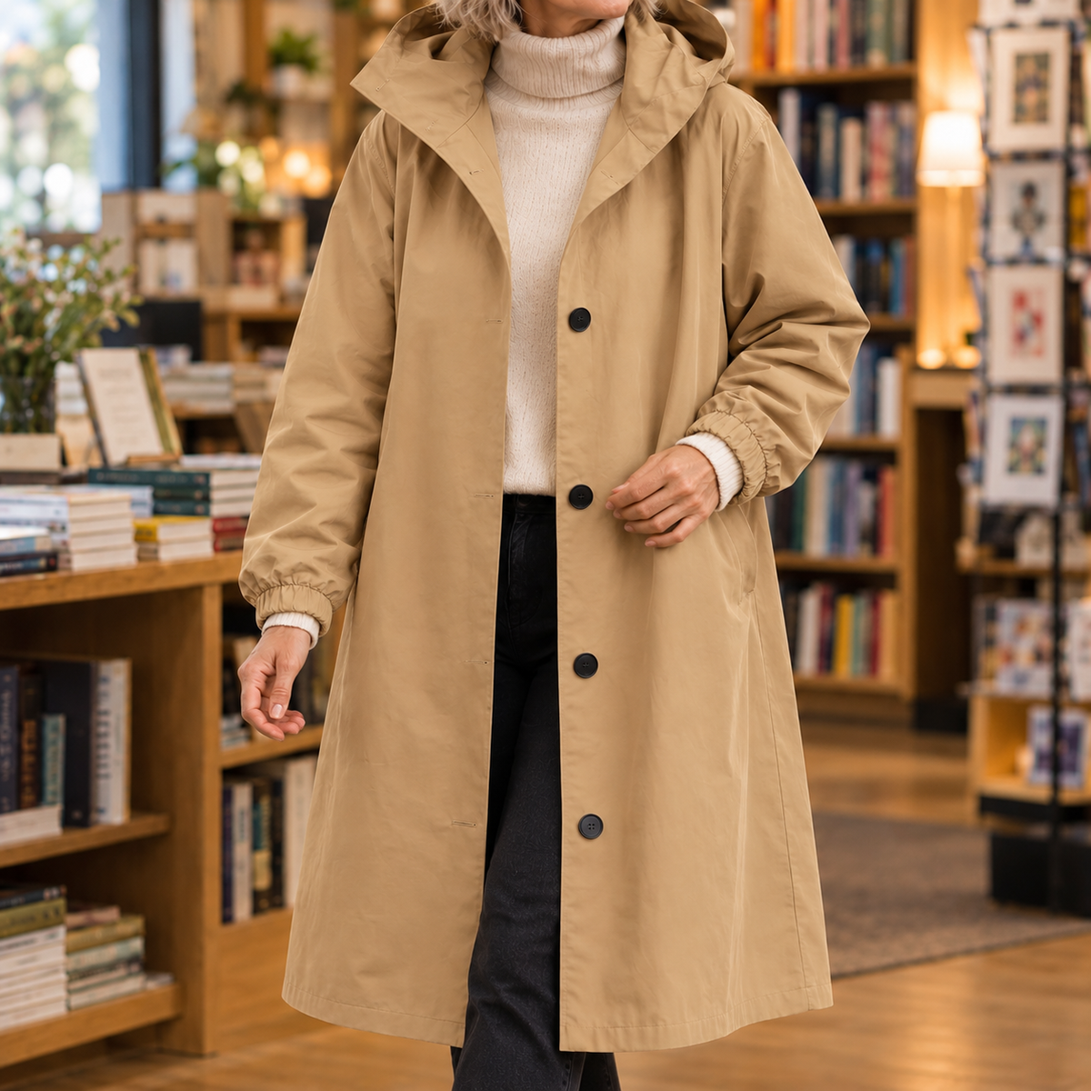 Overcoat Polyester Hooded Longline with Button Front and Side Pockets