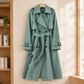 Trench Jacket Cotton Blend Belted Longline with Wide Notched Lapels