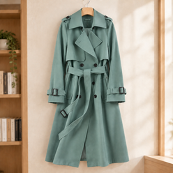 Trench Jacket Cotton Blend Belted Longline with Wide Notched Lapels