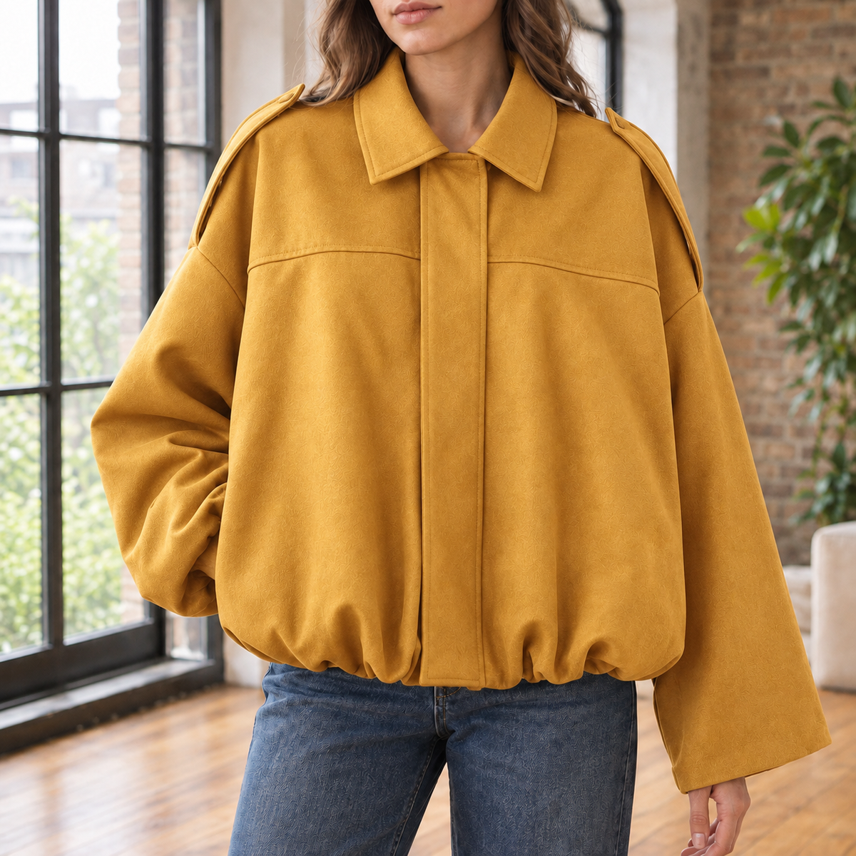 Pilot Jacket Faux Suede Cropped with Concealed Zip and Bubble Hem