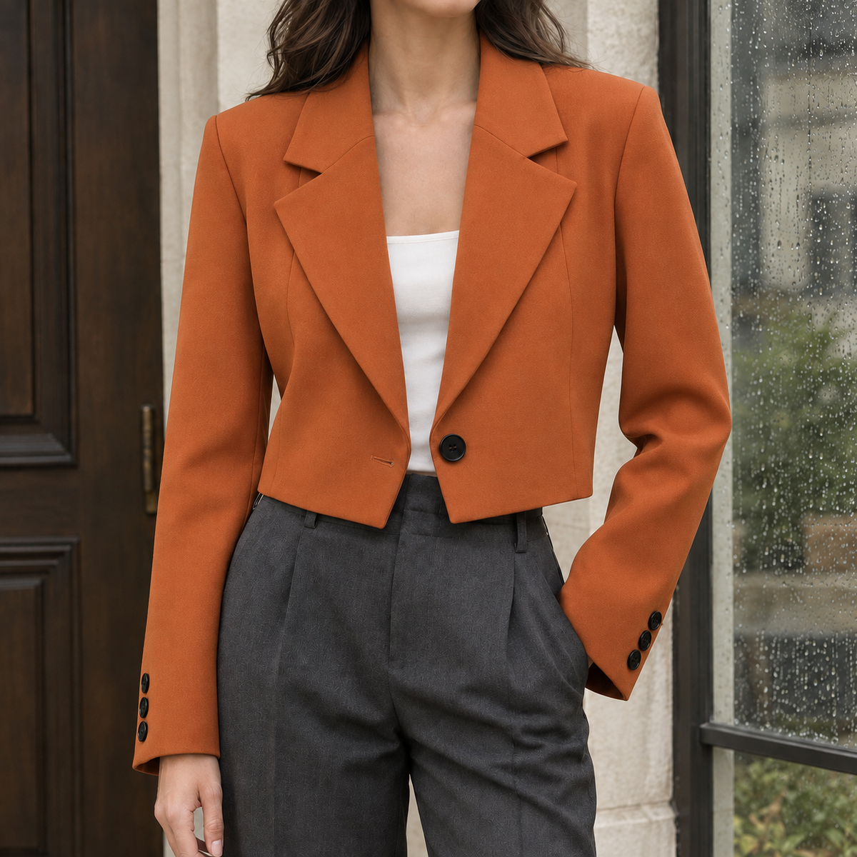 Blazer Polyester Cropped Loose Fit with Notched Lapels, Single Button