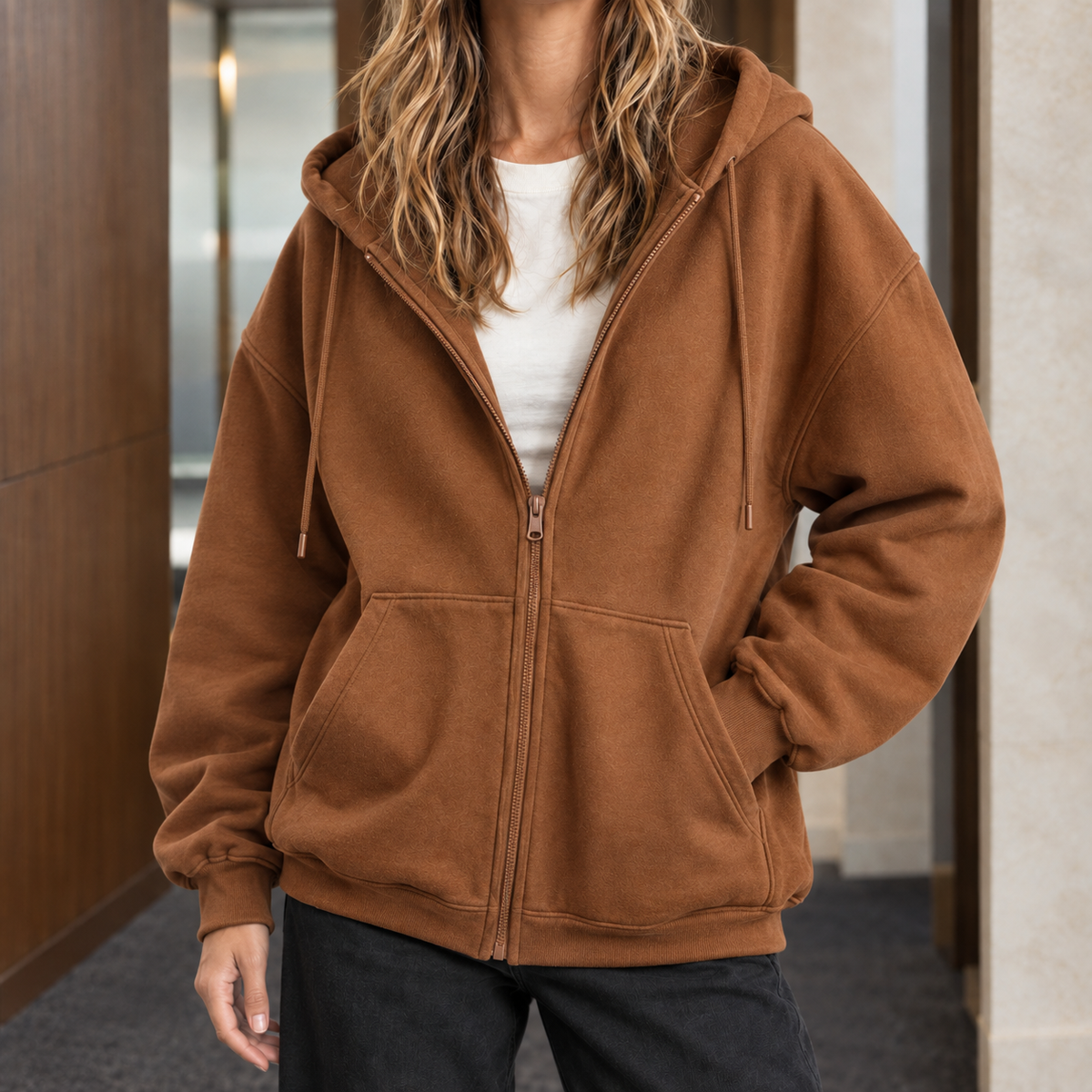 Woven-Blend Relaxed Zip Hoodie