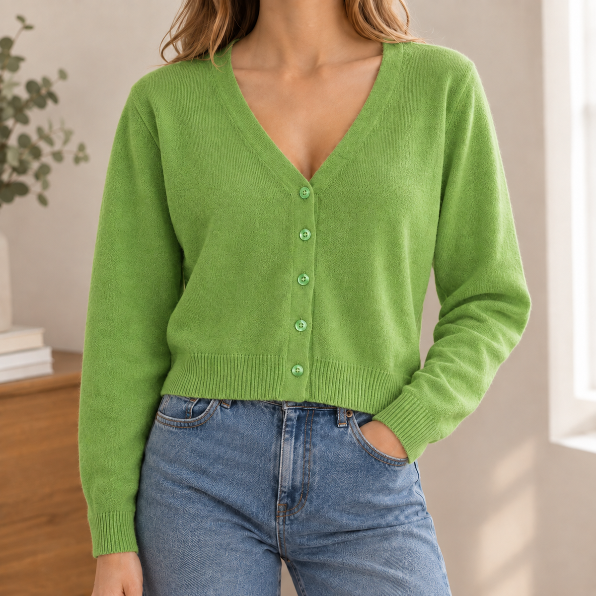 Smooth V-Neck Cardigan with Clean Shape