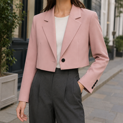 Blazer Polyester Cropped Relaxed with Broad Lapels and Single Button