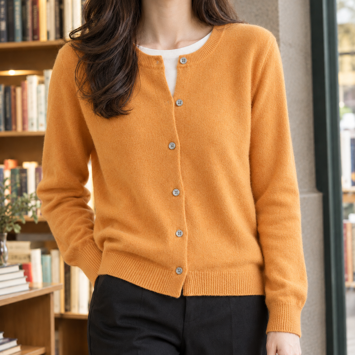 Fine Knit Crew Neck Cardigan