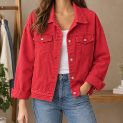Denim Jacket Cotton Blend Relaxed with Four Pockets, Silver Buttons