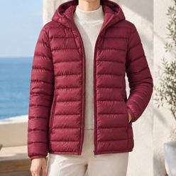 Puffer Jacket White Duck Down Hooded with Horizontal Quilting and Zip