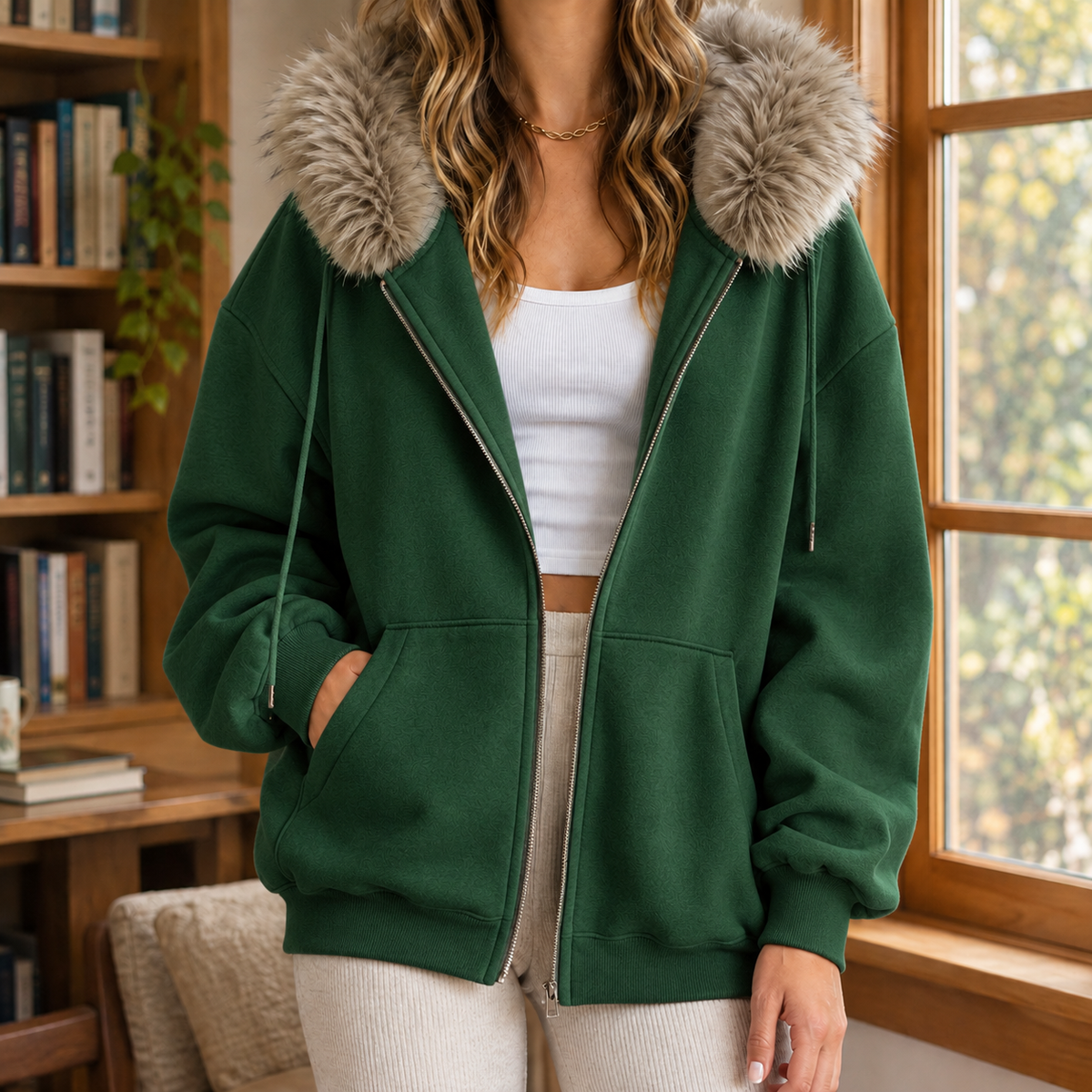Faux Fur Trim Zip Hoodie