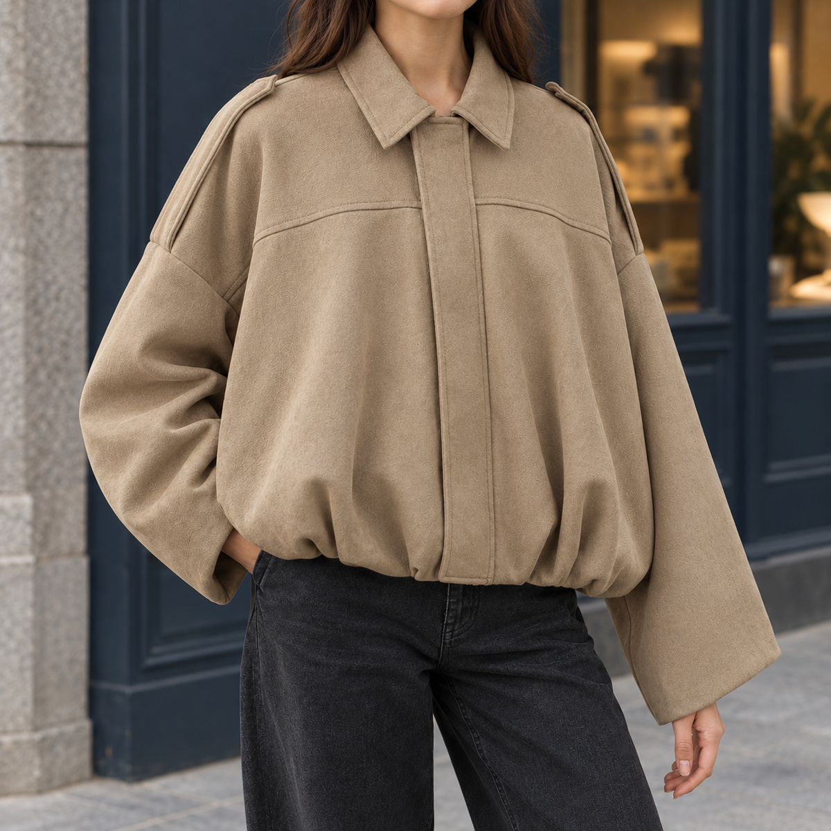 Bomber Jacket Faux Suede with Batwing Sleeves and Gathered Bubble Hem