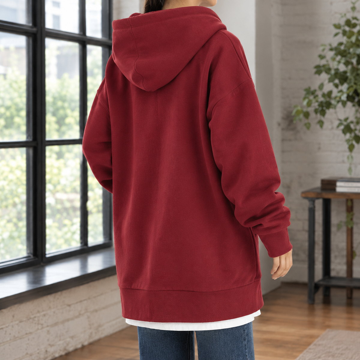 Oversized Fleece Zip Hoodie, Thigh Length