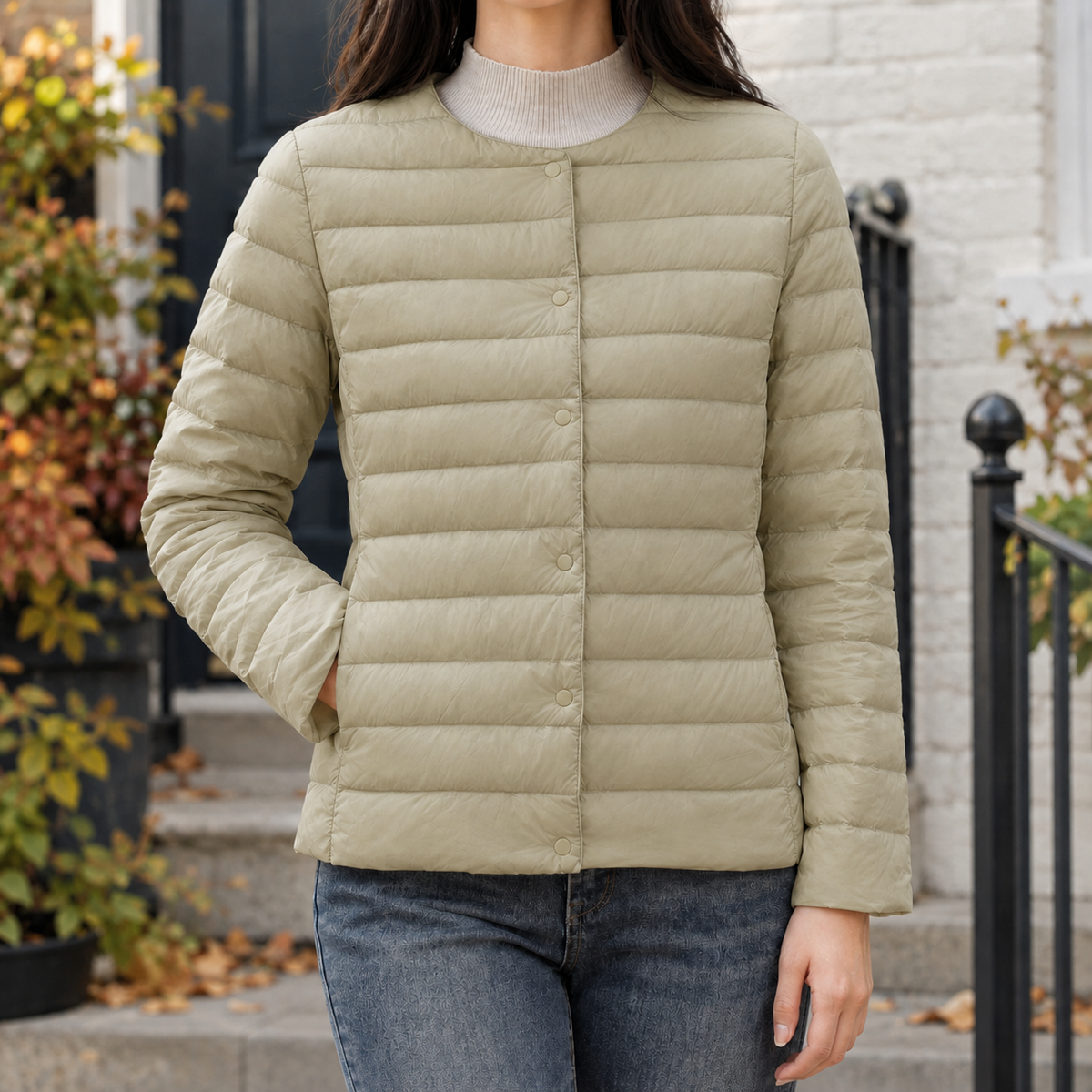 Quilted Jacket Polyester Lightweight with Round Neckline and Snaps