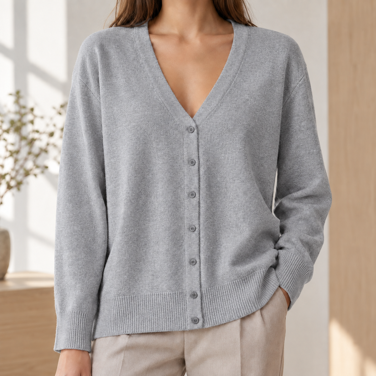 Cotton-Blend Button Cardigan with Deep V-Neck