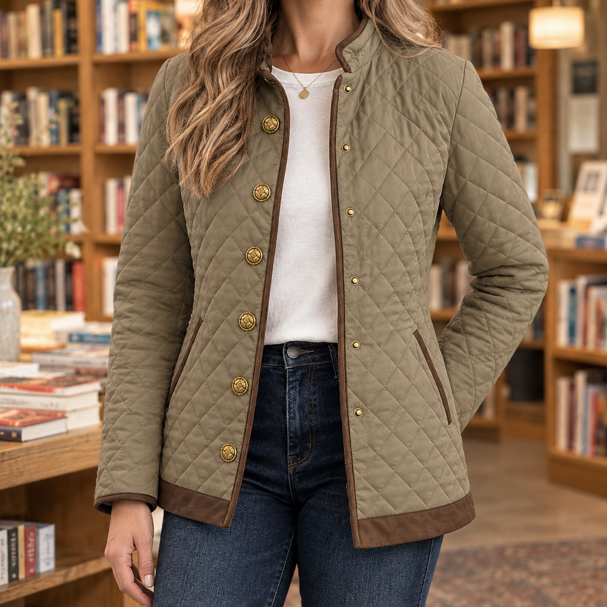 Quilted Jacket Polyester Diamond Quilting with Contrast Trim