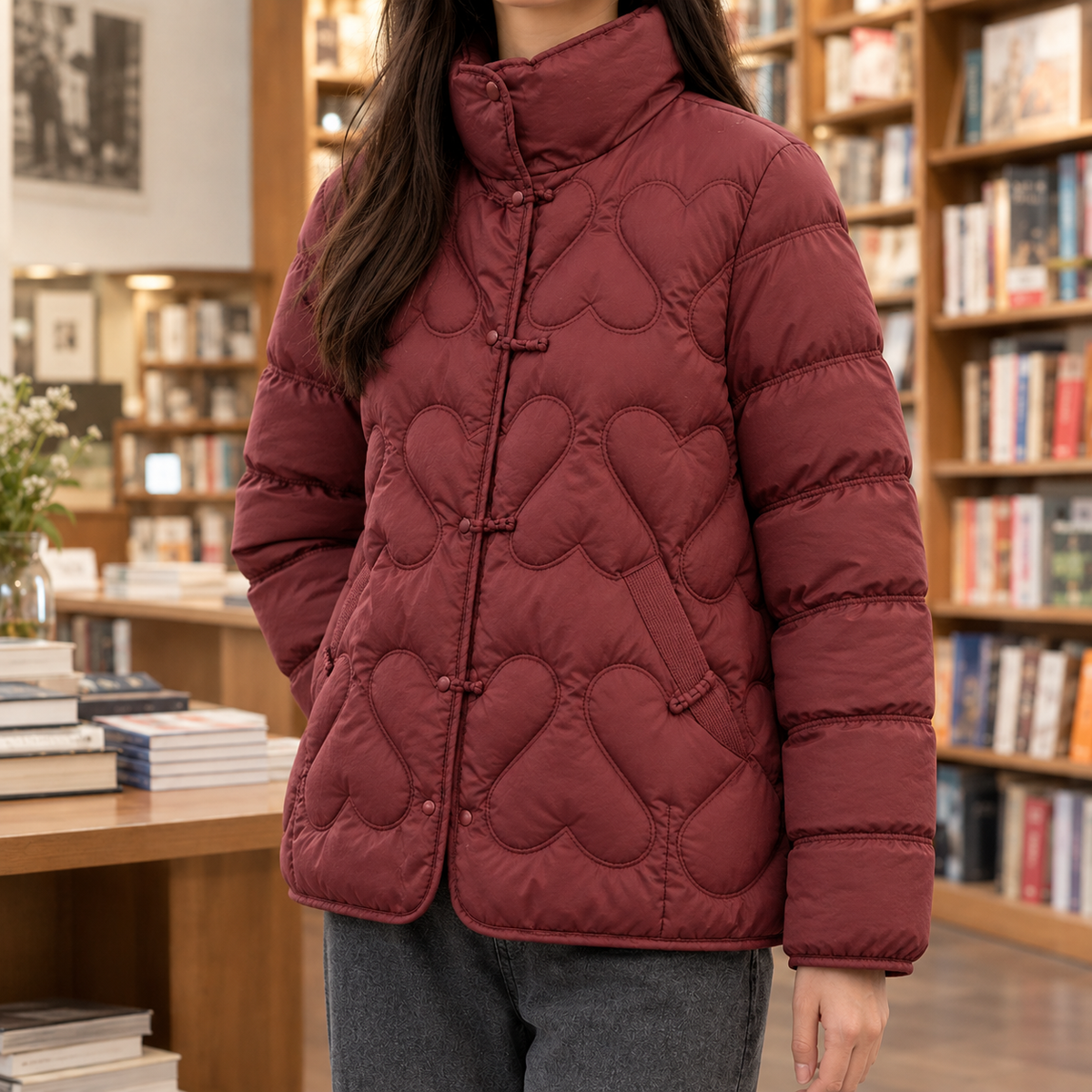 Quilted Jacket Duck Down Filled with Heart Quilting and Stand Collar