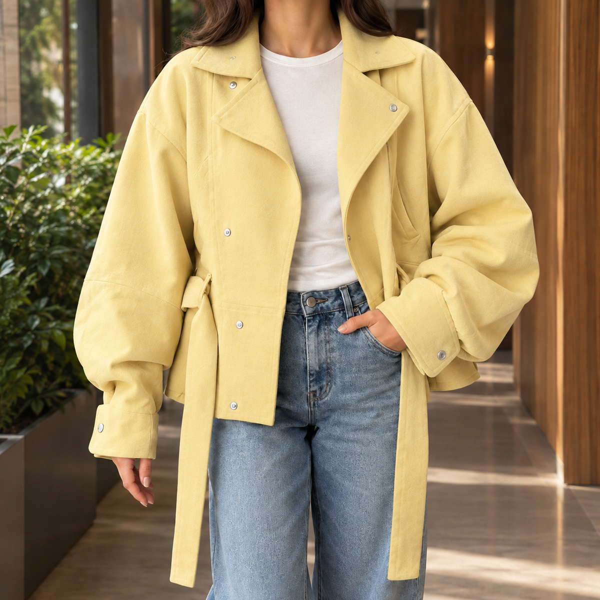 Moto Jacket Polyester Cropped with Offset Snaps and Self-Tie Belt