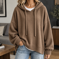 Ribbed Roomy Hoodie with Dropped Shoulders