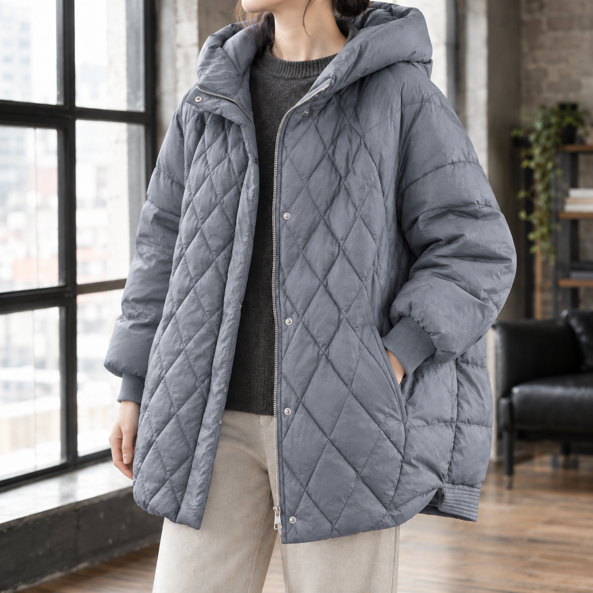 Quilted Jacket White Duck Down Oversized with Generous Hood and Zip