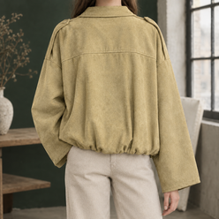 Bomber Jacket Faux Suede Loose Cropped with Concealed Zip, Bubble Hem