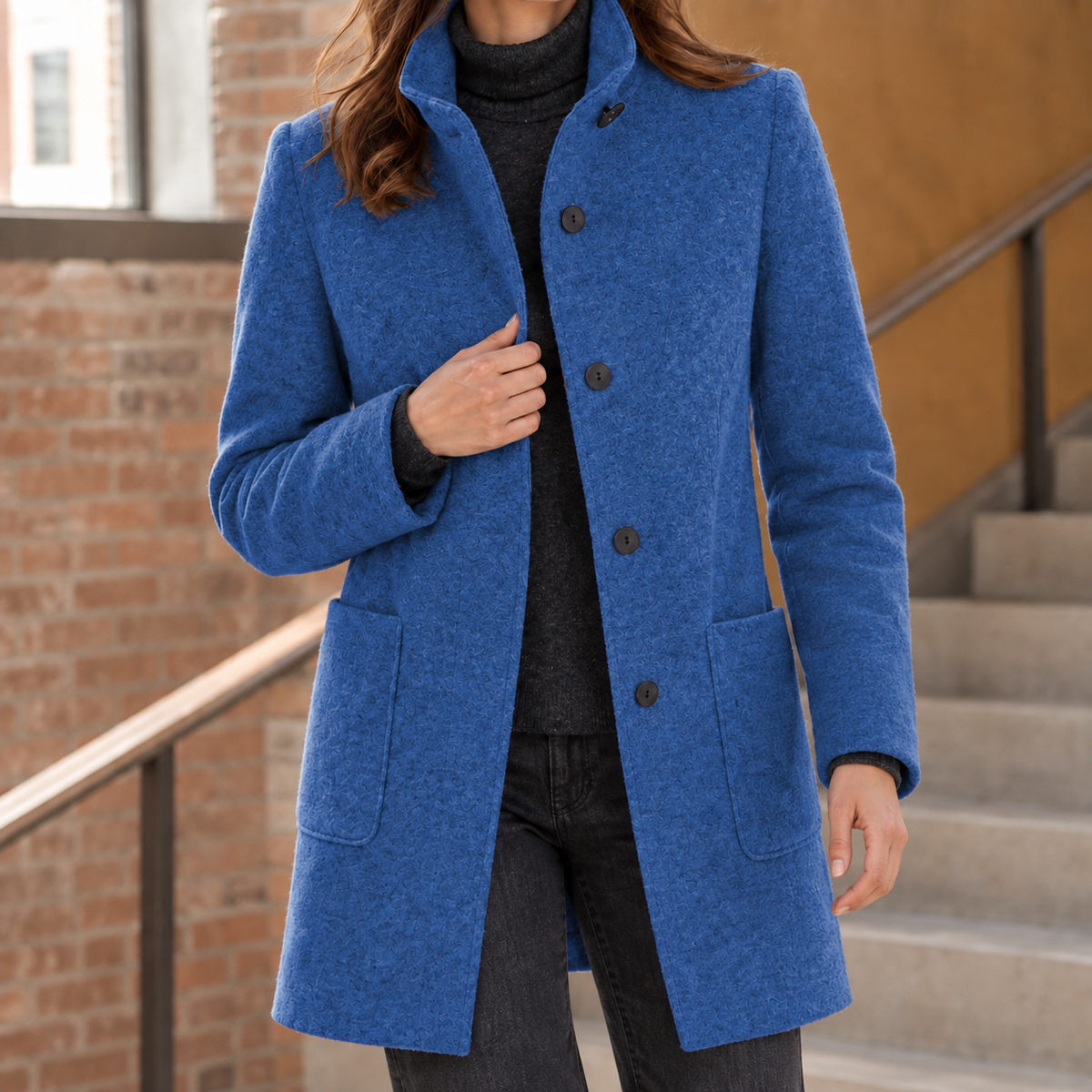 Coat Polyester Mid-Length with Raised Stand Collar and Patch Pockets