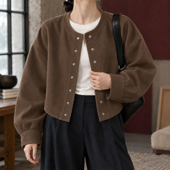 Jacket Polyester Cropped with Round Neckline and Snap Front
