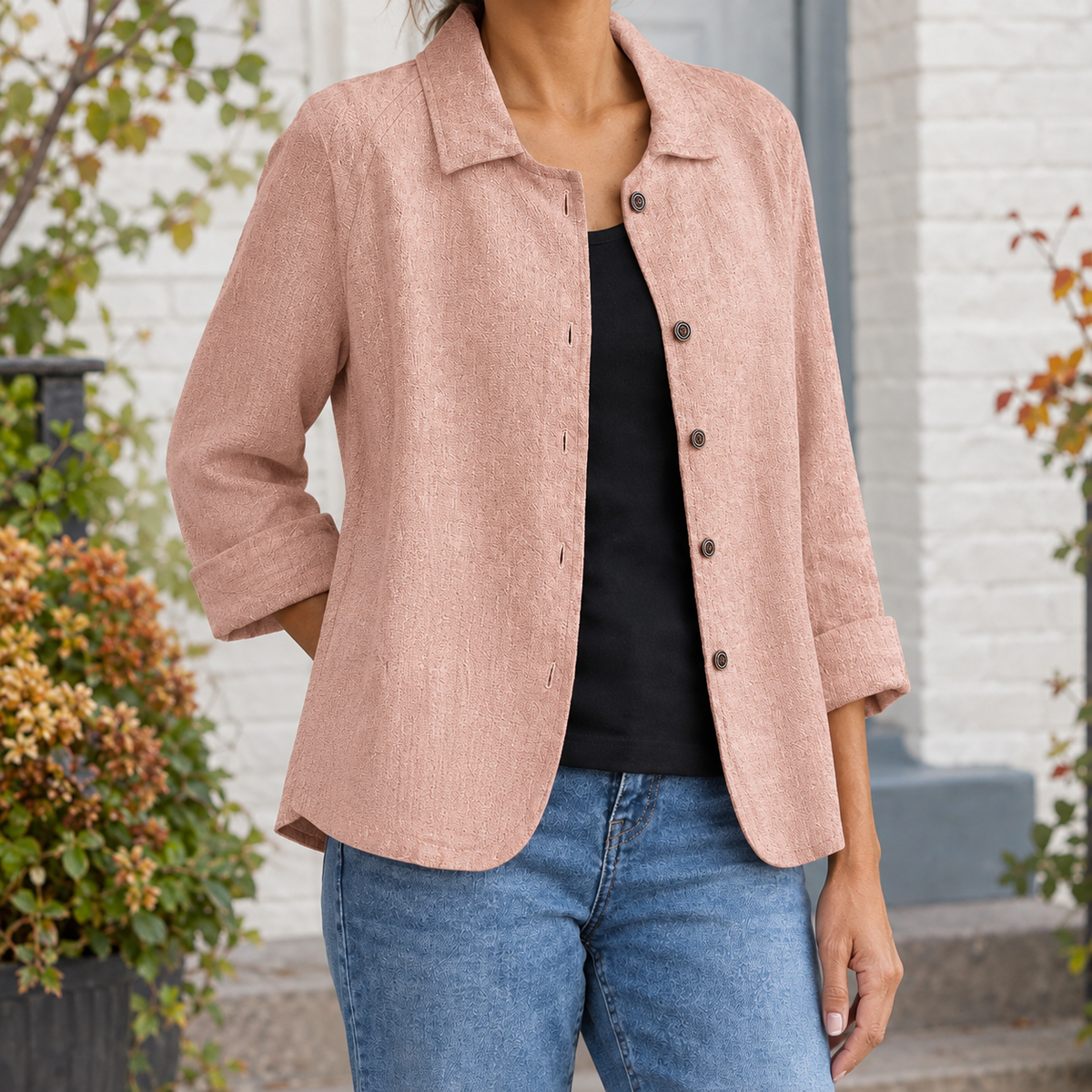 Blazer Polyester Relaxed with Open Notched Collar and Five Buttons