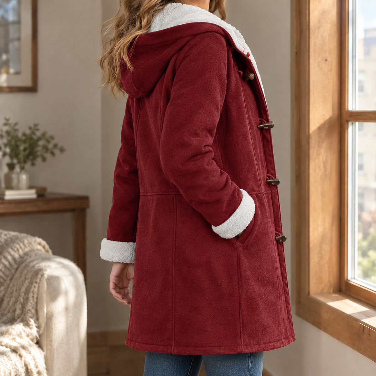 Jacket Polyester Toggle Front with Plush-Lined Hood and Pockets